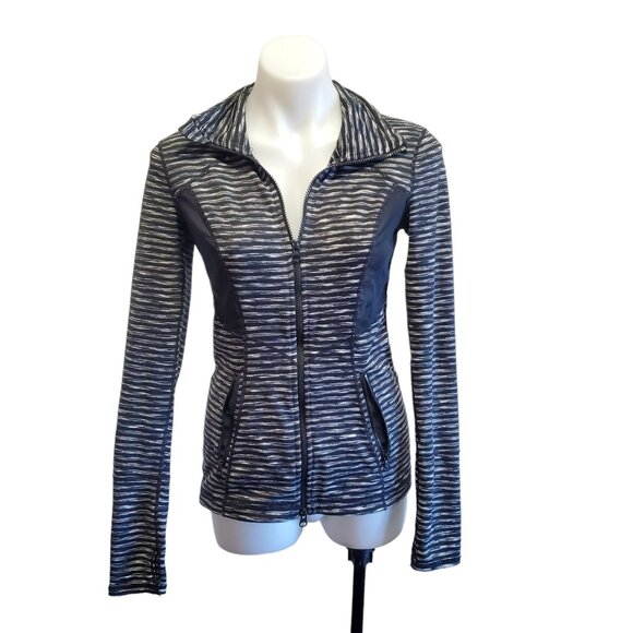 Zella Women Black White Striped Mesh Vented Breathable Athleisure ZipUp Jacket S - Picture 2 of 14